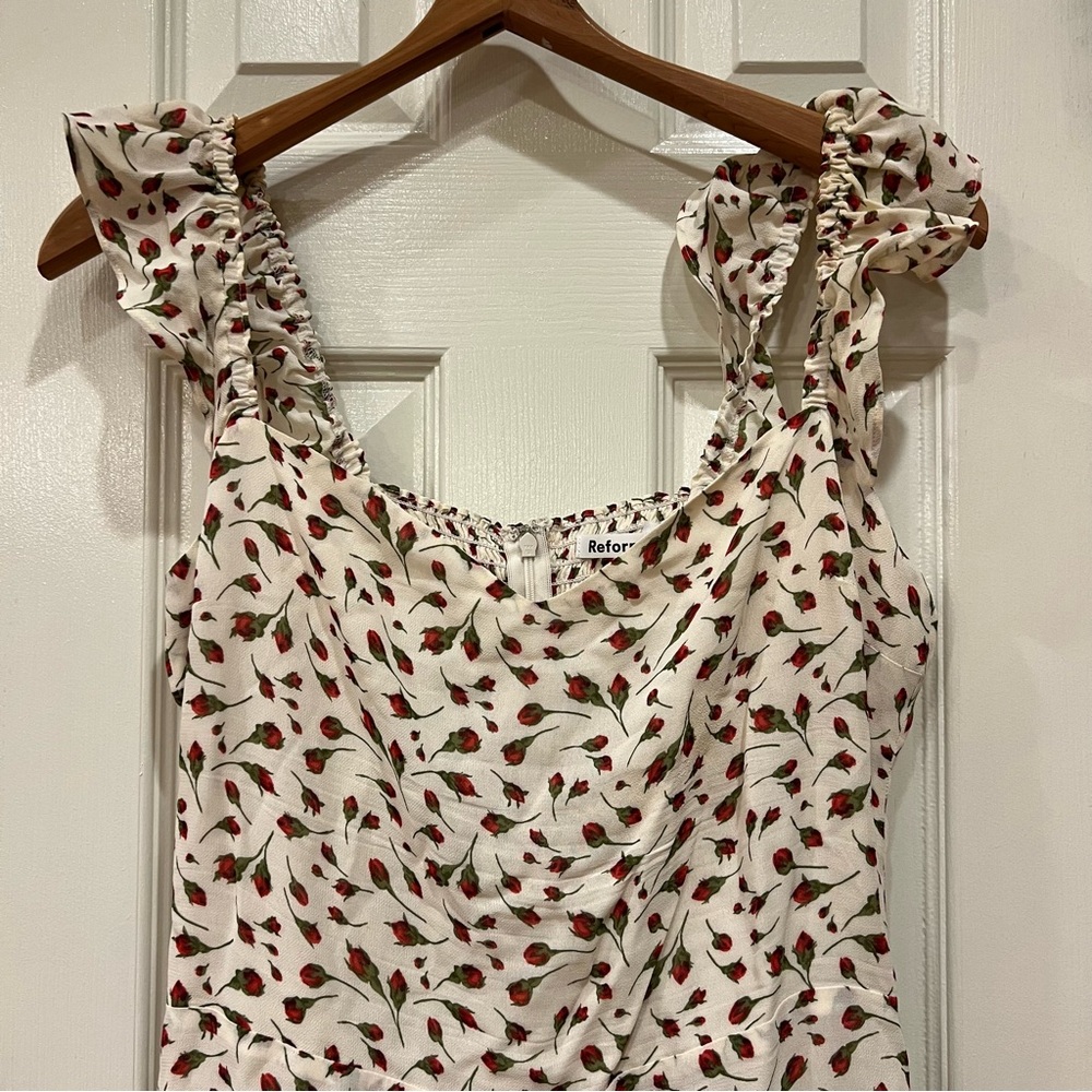Reformation Binx Dress Mini Sleeveless Dress with Ruffled Trim Rose Bud Print 10 - Picture 5 of 8